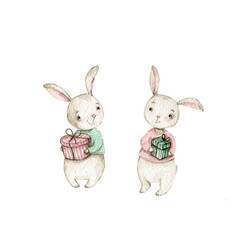 Fototapeta na wymiar watercolor cute cartoone rabbits in love valentain day