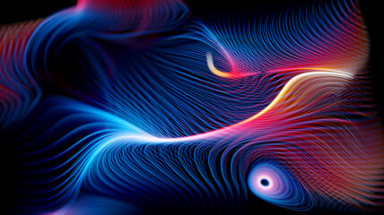 3d render of abstract art of surreal background with curve wavy spiral and twisted magic miracle fantasy concentric tungsten filament lines in red and blue gradient glowing color light in the dark