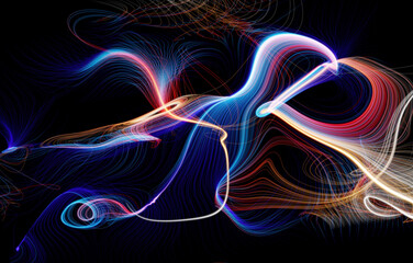 3d render of abstract art of surreal background with curve wavy spiral and twisted magic miracle fantasy concentric tungsten filament lines in yellow and blue gradient glowing color light in the dark