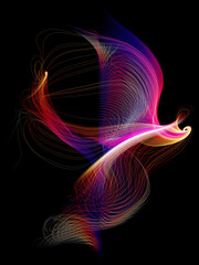 3d render of abstract art of surreal background with curve wavy spiral and twisted magic miracle fantasy concentric tungsten filament lines in purple pink gradient glowing color light in the dark