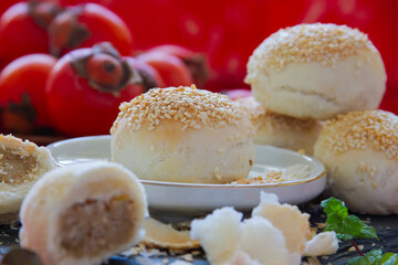 Homemade baked bread with green beans stuffing close up.