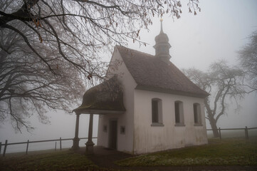 small chapel in the fog