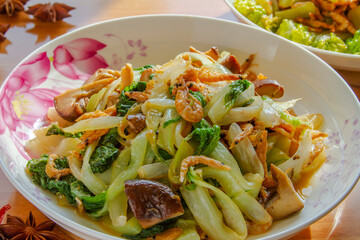 bok choy cabbage and mushroom vegetable stir fry close up. Chinese food.