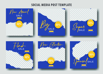 Editable template post for social media ad. web banner ads for promotion design with yellow and dark blue color with texture background.