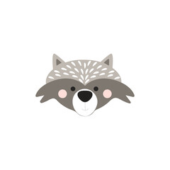 Cute raccoon head print design for kids. Baby Raccoon Face. Vector Illustration. Greeting card for baby shower