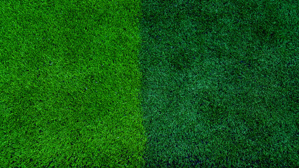green grass of soccer top view or green artificial grass in two tone color background