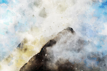 Mountains with sky and clouds, digital watercolor painting