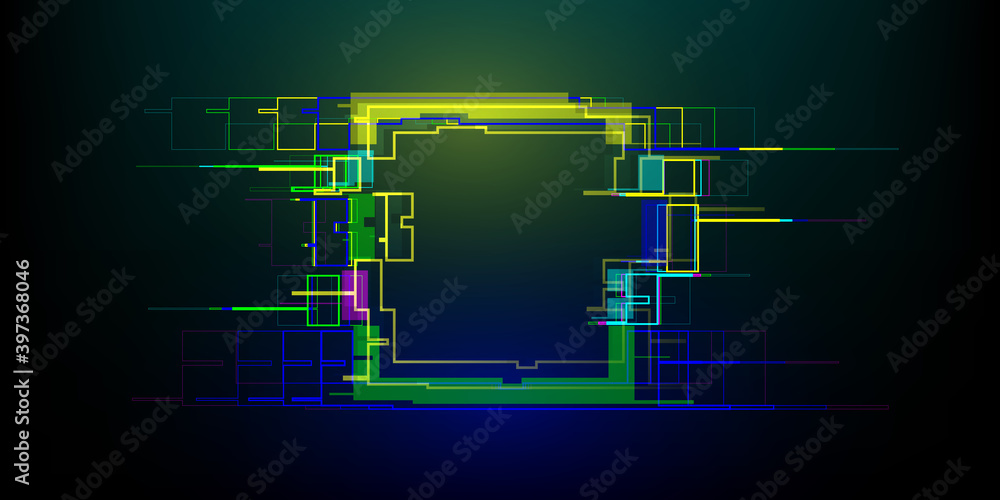 Poster futuristic glitch rectangle in cyberpunk style. modern glowing geometry shape with distortion effect