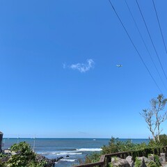 Blue sky and sea with airplane