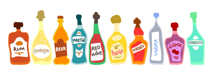 Fototapeta na wymiar Collection of bottles of alcohol. Beer champagne red wine liquor vodka martini whiskey rum tequila. Hand draw cartoon isolated illustration. Doodle line graphic design. Freehand drawing style