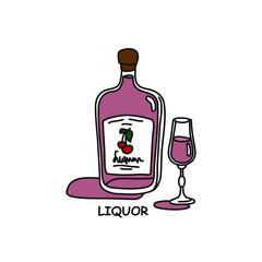Liquor bottle and glass outline icon on white background. Colored cartoon sketch graphic design. Doodle style. Hand drawn image. Party drinks concept. Freehand drawing style