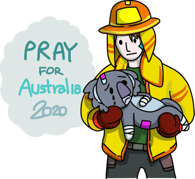 pray for australia,firefighter rescue koala from fire cartoon vector
