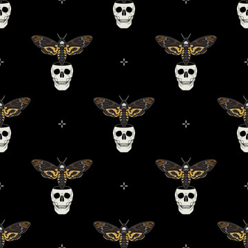 Seamless Geometrical Pattern With Human Skulls And Death's Head Hawkmoth Butterflies. Symbol Of Dead And Soul Metamorphosis.