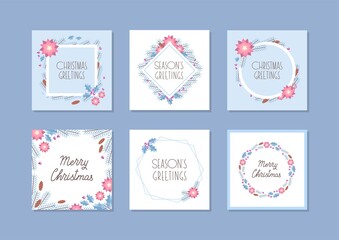 Winter holiday templates. Collection of greeting cards with Christmas tree branches, holly berries and Christmas flowers with blue frames.