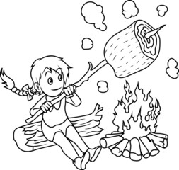 The braid girl sat on the fire and grill a large piece of meat with a skewer