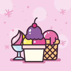 ice cream in basket cup and glass line and fill style icon vector design