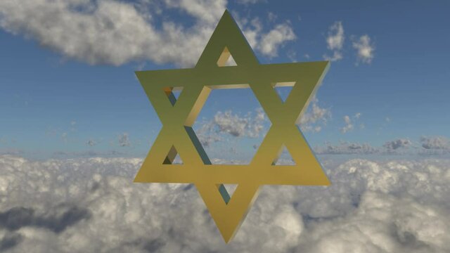 Estrellad de david dorada girando en lo alto de los cielos, escena 3d