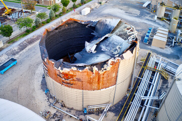 Aerial View of Burned Out Refinery Storage Tank