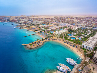 Naklejka na ściany i meble An aerial view on Hurghada town located on the Red Sea coast in Egypt.