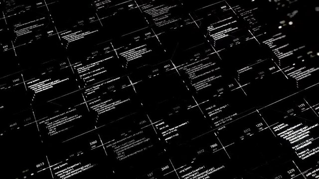 Futuristic and technology concept of the Internet and Big Data Cloud. Animation. Concept of AI, artificial intelligence, complex program application script code fragment, monochrome, seamless loop.