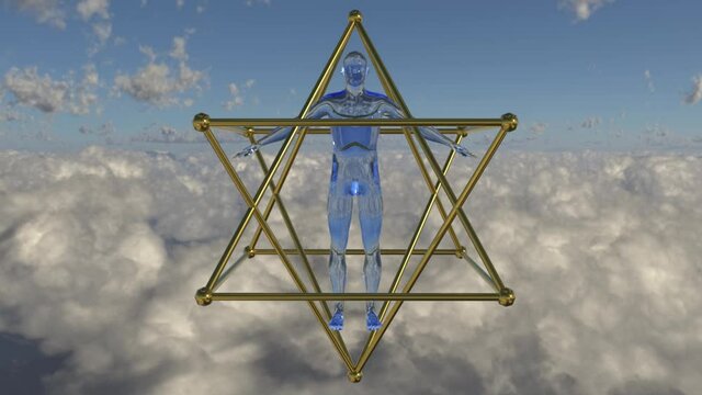 Mercaba girando en el cielo y un cuerpo humano de cristal