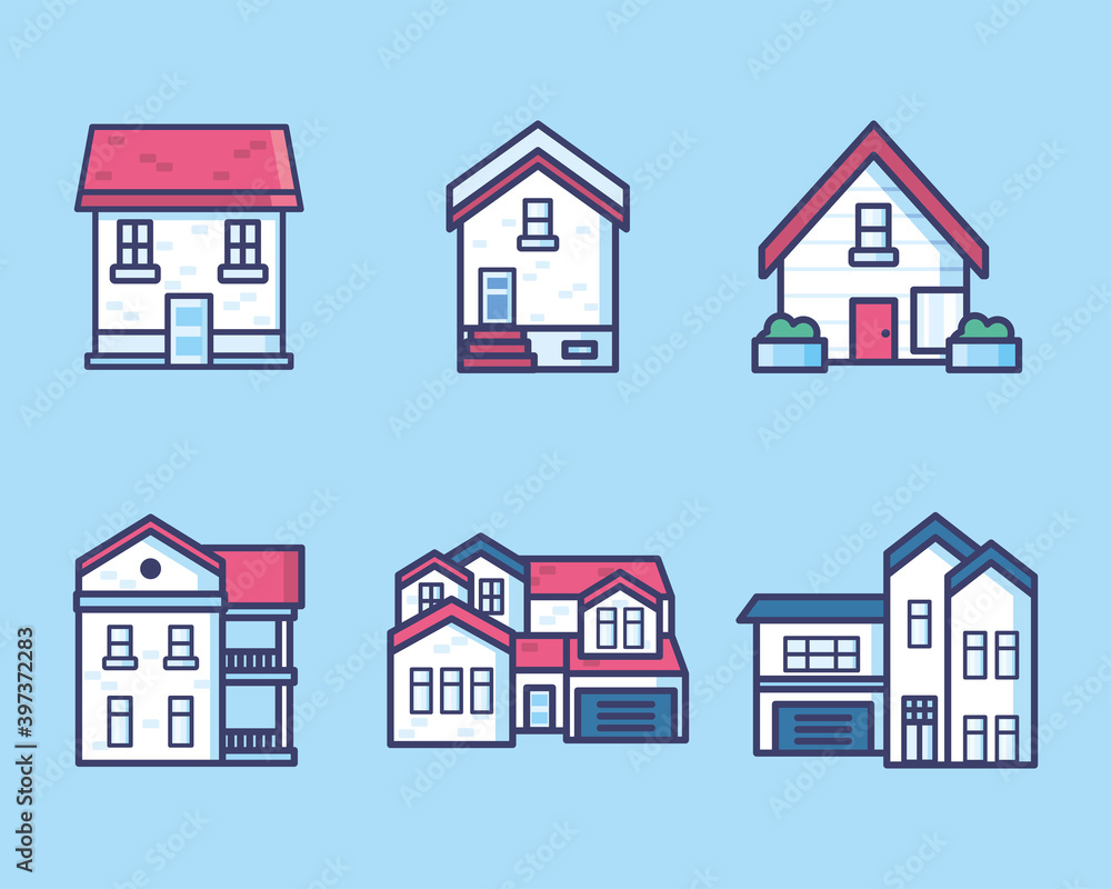 Poster house line and fill style icon set vector design