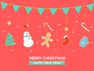 Merry Christmas Pastel Postcard, outline cartoon in pastel red background