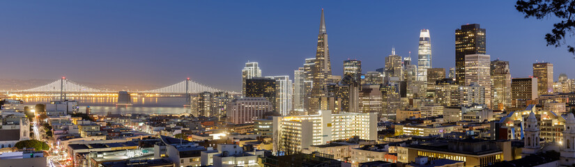 Fototapeta na wymiar San Francisco Panoramic Cityscapes with Holidays Lights via Russian Hill during the Blue Hour