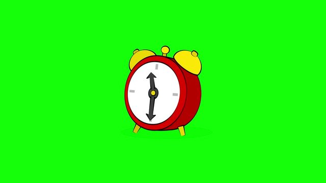 Red New Year's alarm clock on a green background, counts down the hour and starts ringing, bouncing when all the arrows are up, exactly at midnight, 24:00 (2D animation, 4k, 60 fps, green screen)
