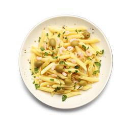 Plate of tasty pasta with shrimps and olives on white background