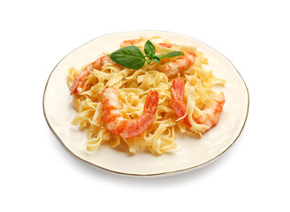 Plate of tasty pasta with shrimps on white background