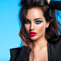 Portrait of beautiful young woman with bright blue makeup. Beautiful brunette with bright red...