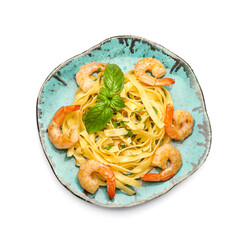 Plate of tasty pasta with shrimps on white background