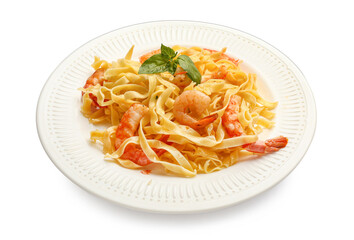 Plate of tasty pasta with shrimps on white background