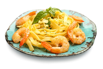Plate of tasty pasta with shrimps on white background