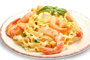 Plate of tasty pasta with shrimps on white background