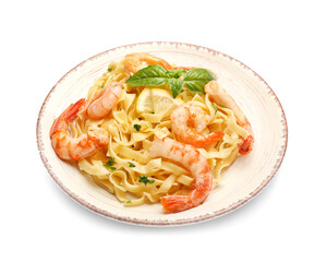 Plate of tasty pasta with shrimps on white background