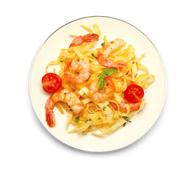 Plate of tasty pasta with shrimps and cherry tomatoes on white background