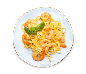 Plate of tasty pasta with shrimps on white background