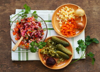 Beetroot salad and boiled vegetables. The vinaigrette. Diet, vegan natural healthy food. View from above.