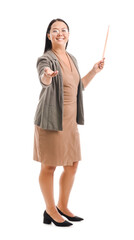 Asian female teacher with pointer on white background