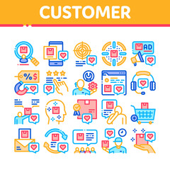 Buyer Customer Journey Collection Icons Set Vector. Customer Research And Want Buy Goods, Online Shopping App And Order Delivery, Support And Review Concept Linear Pictograms. Contour Illustrations