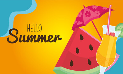 hello summer watermelon umbrella and cocktail vector design