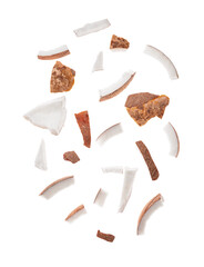 Pieces of ripe coconut on white background