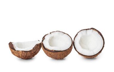 Fototapeta na wymiar Halves of ripe coconut on white background