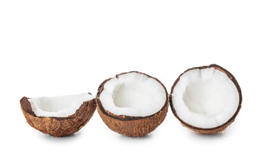 Halves of ripe coconut on white background