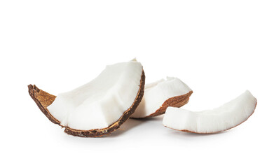 Pieces of ripe coconut on white background