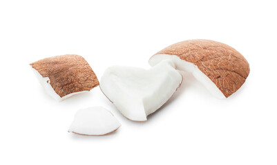 Pieces of ripe coconut on white background