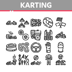 Karting Motorsport Collection Icons Set Vector. Karting Race And Track, Kart Engine And Steering Wheel, Driver Helmet And Suit Gloves Mask Concept Linear Pictograms. Monochrome Contour Illustrations - obrazy, fototapety, plakaty