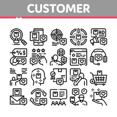 Buyer Customer Journey Collection Icons Set Vector. Customer Research And Want Buy Goods, Online Shopping App Order Delivery, Support Review Concept Linear Pictograms. Monochrome Contour Illustrations